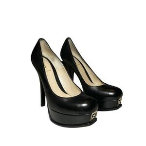 Fendi Fendista Black Leather FF Logo Platform Heels Pumps Size 39